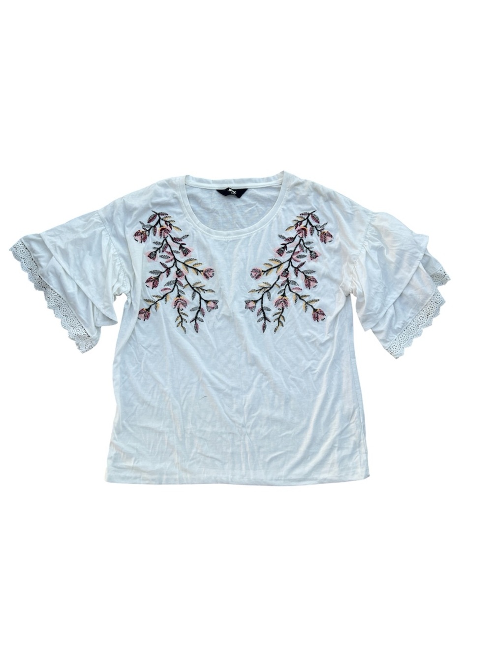 White Short Sleeve Top with Pink & Green Floral Embroidery Size Large (14)